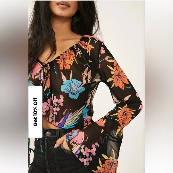 Free People Of Paradise Black Floral Sheer Crop Top size Small NEW - Picture 4 of 15